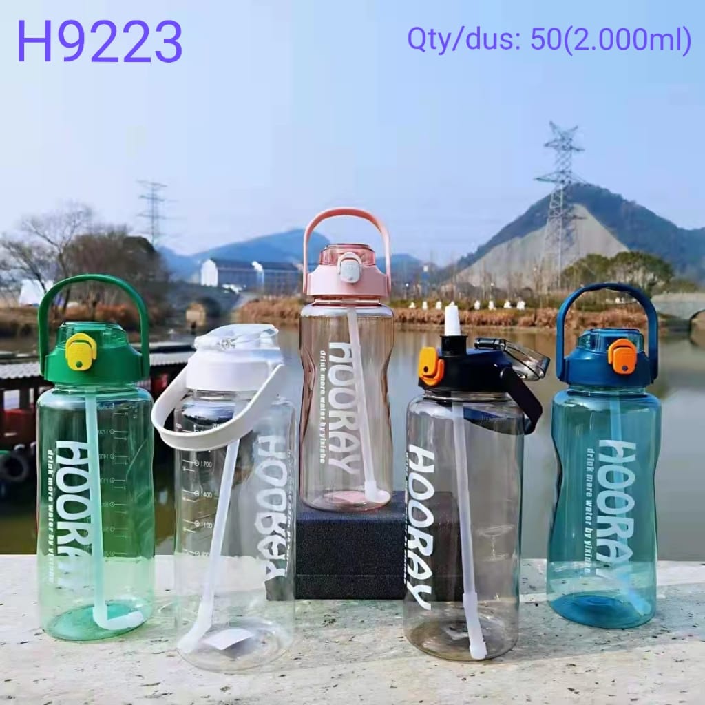 H9223 Botol Minum Hooray 2 Liter 2L Jumbo Besar Sport Straw Bottle Premium