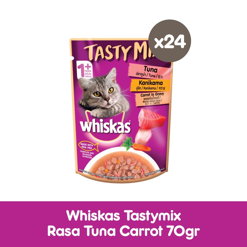 WHISKAS® Tasty Mix Makanan Kucing Basah Pouch 70gr - Isi 24-Chicken Tuna Carrot