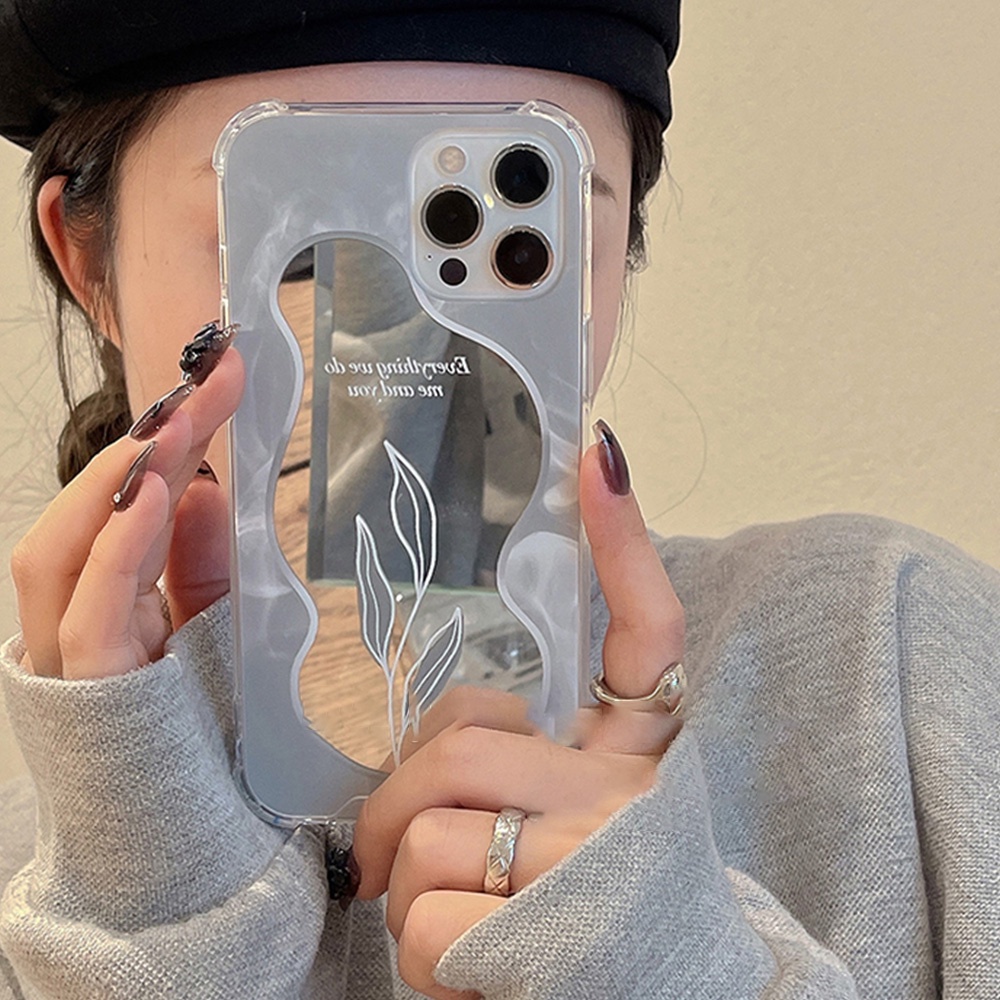 Casing tpu iPhone 13 12 11 Pro Max X XS Max XR 8 7 Plus Motif Daun Shockproof Aksen Cermin