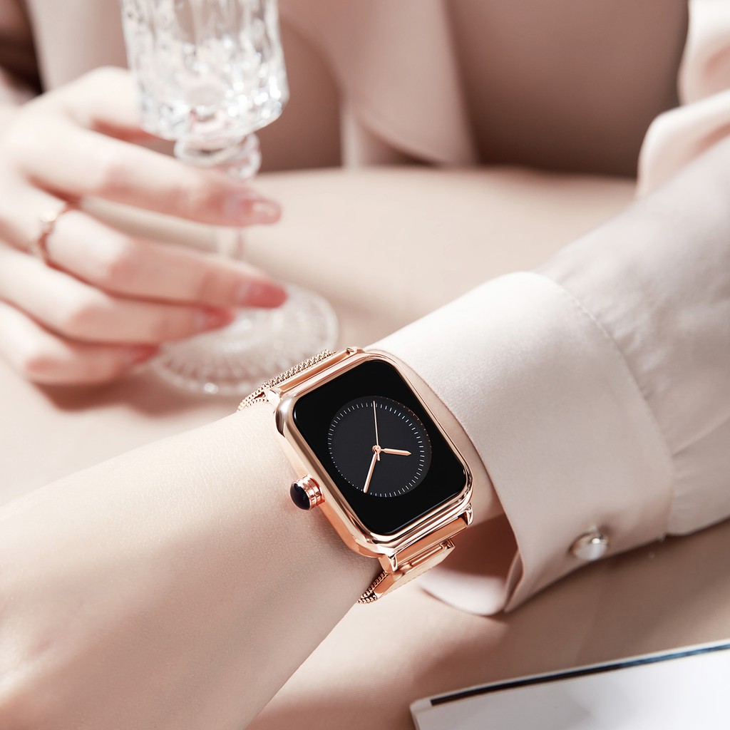 REBIRTH Jam Tangan Wanita Mode Square Dial Santai Display Kuarsa Tali Jala Tahan Air Jam Tangan Cewek
