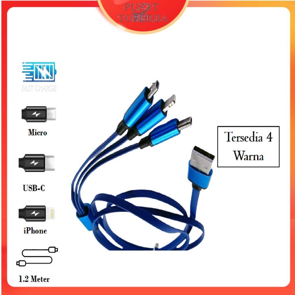 Kabel Gepeng 3 in1 Kabel Micro USB Kabel Lightning Kabel Type C Kabel Charger Kabel Casan Panjang 1.