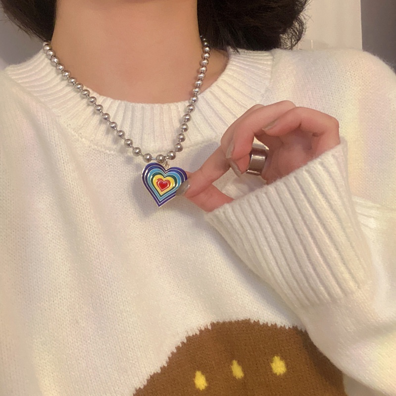 Rainbow Heart Shape Necklace Sweet Korean Style Simple Chain Women Jewelry Fashion Accessories