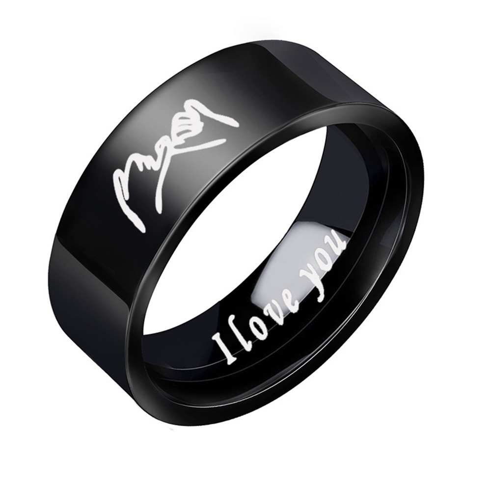 Cincin Pasangan Desain Tangan I Love You Bahan Titanium Silver Warna Hitam Untuk Pria Dan Wanita