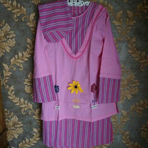 Setelan Baju Muslim Dannis Pink Muda Bunga Garis Stripe Anak Cewek Perempuan New