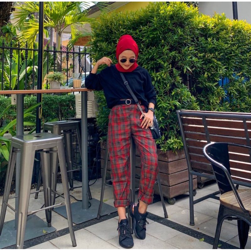 TARTAN PANTS DARK RED (REAL PICT)