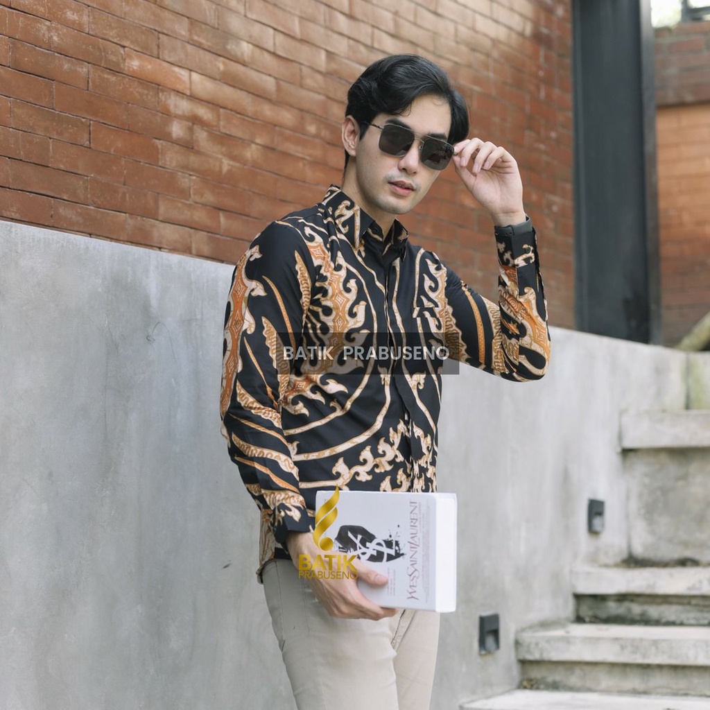 Batik Prabuseno Baju Batik Pria Lengan Panjang Motif Sahiba Hitam Slimfit Kemeja Batik Pria Lengan P