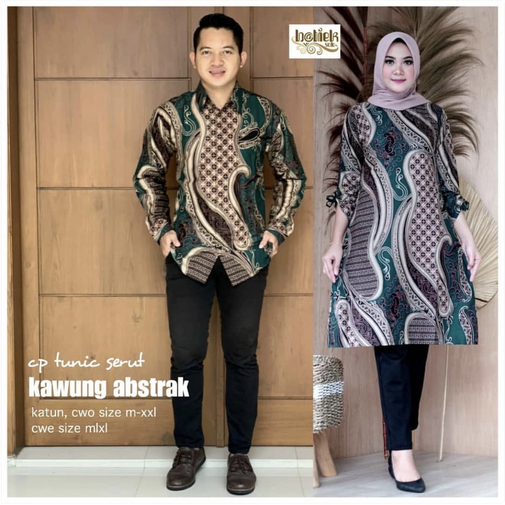 Couple Tunik Serut Kawung Abstrak Batik Sarimbit Modern Tunik Midi Muslim Kantor Kerja Kondangan