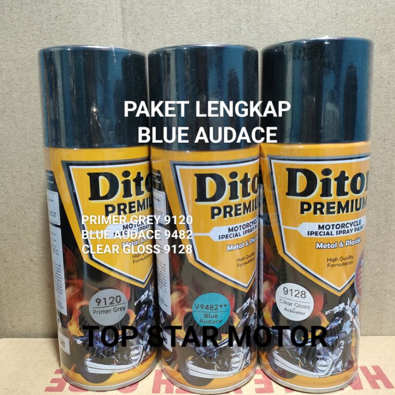 Pilok Paket Lengkap Cat Diton Premium Primer Grey 9120 Blue Audace V9482 9482 Clear Gloss 9128 400cc.. Pilok Paketan Blue Audace Cat Semprot Diton Premium 400cc