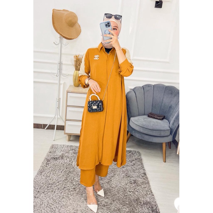 DIFANA One Set Crinkle Polos Wanita Setelan Celana Long Tunik Korean Style Terbaru Fashion Cewe ootd