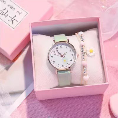 Jam Tangan Wanita Quartz Analog Fashion Gaya Korea Motif Bunga Daisy Import-41-9 Hijau Muda