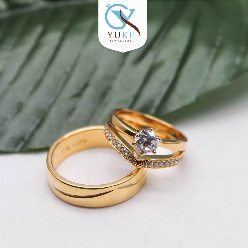 Cincin Kawin Bahan Silver/Perak Full Gold Half Ring Zircon Stone Cincin Kawin Cincin Couple