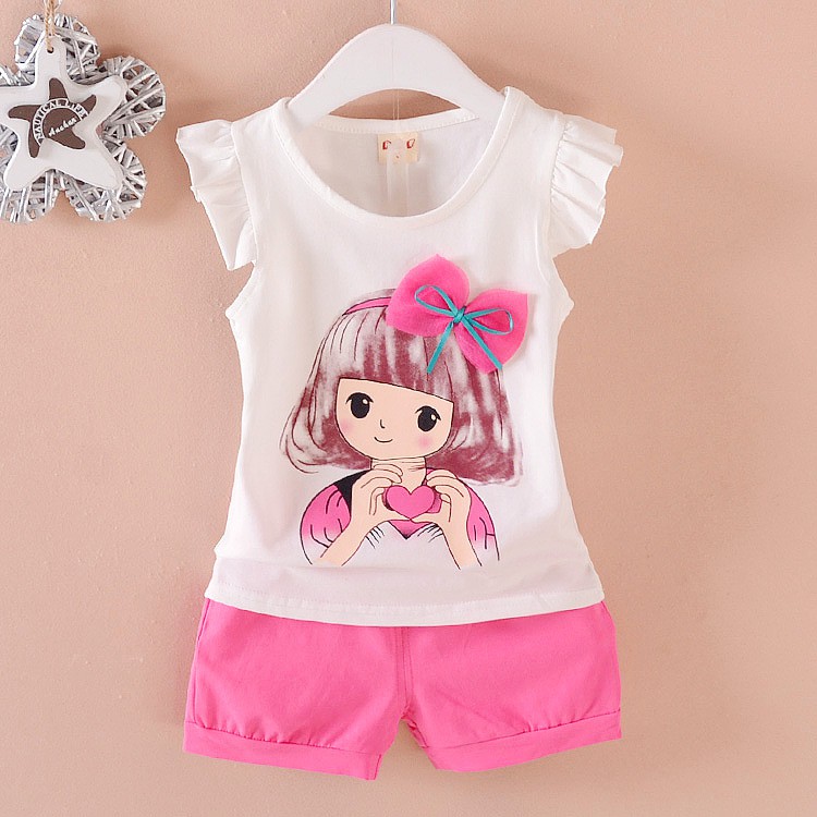 Baju Set Anak Perempuan Cewek Murah Import motif girl pink dengan pita BBD035