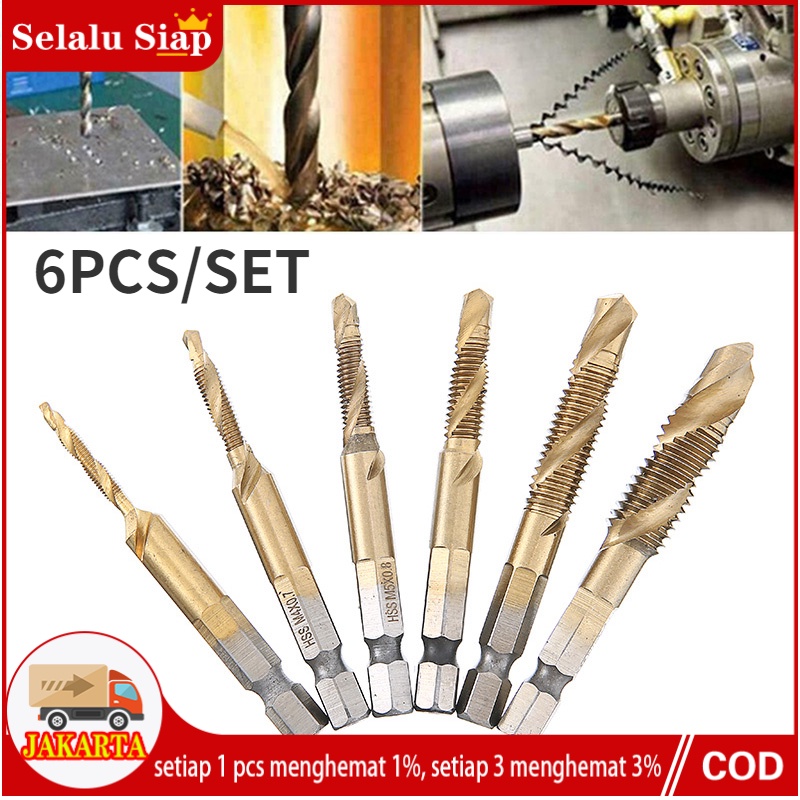 6PCS/SET Mata Bor Drat Besi Kayu Countersink Tapping Drill Bit HSS