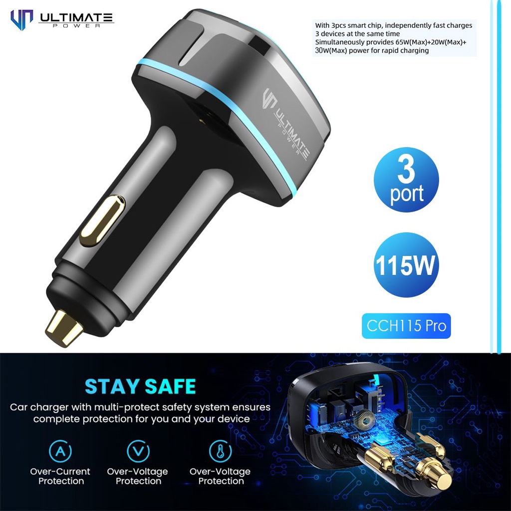 Ultimate Power 115W PD + QC 3Port Super Fast Car Charger CCH115 Pro