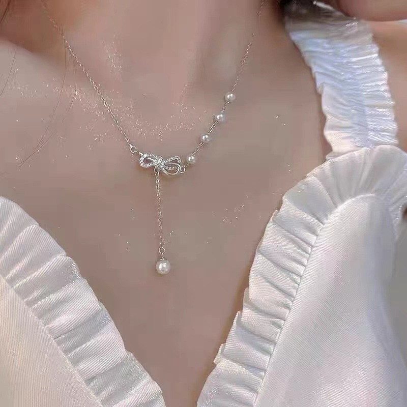 Kalung Mutiara Zircon Bentuk Pita Gaya Korea