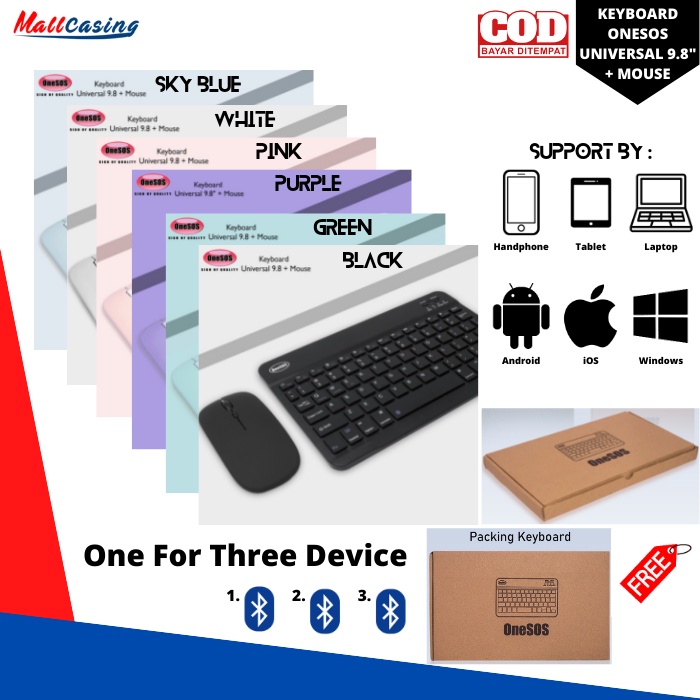 PAKET SUPER LENGKAP OneSOS Keyboard Wireless Bluetooth Laptop iPad Handphone / Mini Portable Phone Universal / Android Windows iOS Universal 9.8&quot;