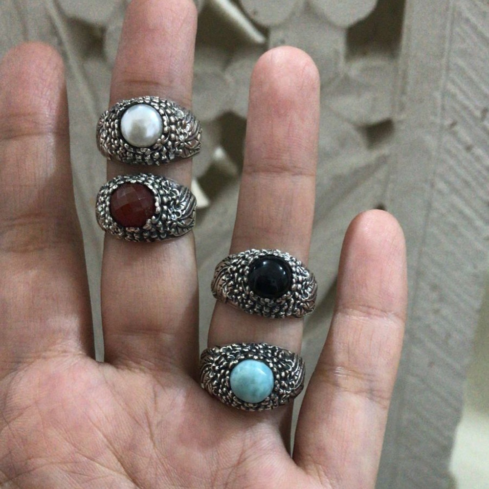 Cincin Ring Perak Silver Bali Asli 925 Kamboja Daun Bulat Batu Akik Pria Wanita Natural Elegan Custo