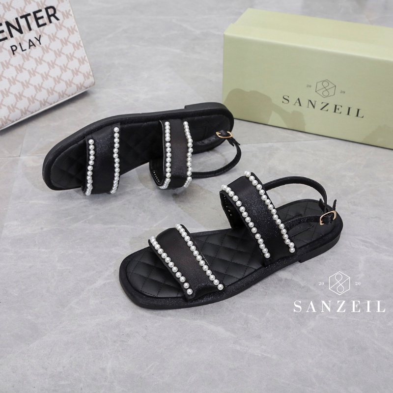 0166 Sanzeil Pearl - Sandal Flat Wanita Tali Mutiara Import