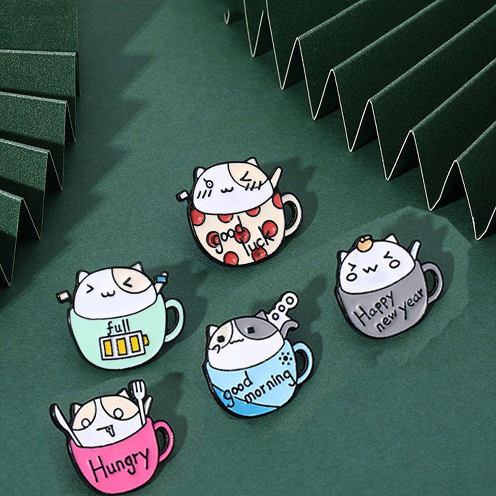 Lily Coffee Cup Cat Pin Wanita Anak Hadiah Tas Ransel Pakaian Lencana Pin