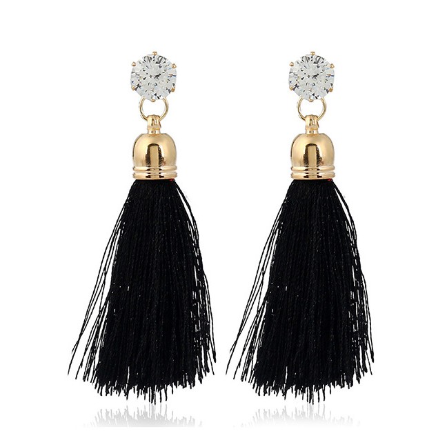 LRC Anting Tusuk Thin Trendy Diamond&amp;tassel Decorated Pure Color Simple Earrings