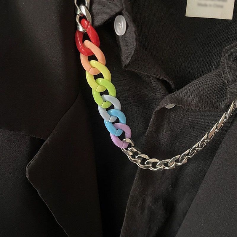 Kalung Rantai Alumunium Kombinasi Colorful Acrilic Dop Chain Warna Warni Hip Hop Playful Pop Colour Necklace Gaya Punk