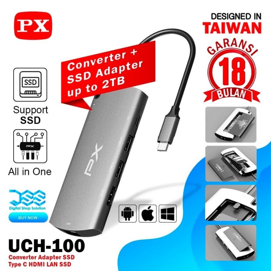 Converter Adapter SSD 2TB Type C to USB HDMI LAN 6 In 1 PX UCH-100
