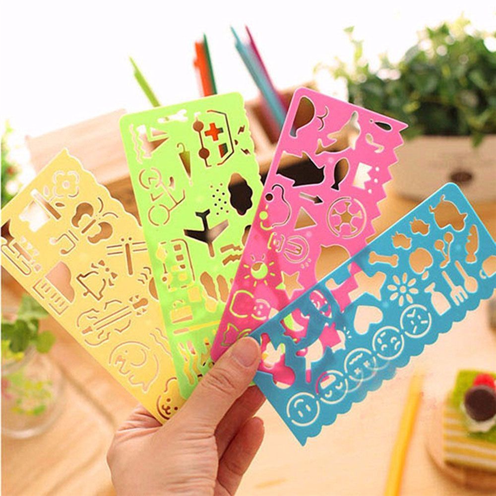 ELEGANT 4pcs/lot Useful Painting Template Practice School Painting Supplies Plastic Drawing Rulers Hot Selling DIY Craft New Arrival Stationery for Kids Students Manual Drawing Board Cartoon Spirograph/Multicolor