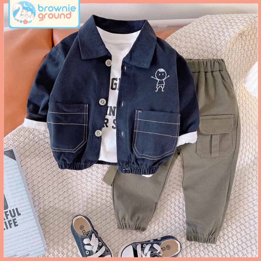 [COD]  Setelan 3in1 baju anak laki laki Model People outwear Black &amp; Blue baju impor premium/usia 0-4 tahun/ brownieground