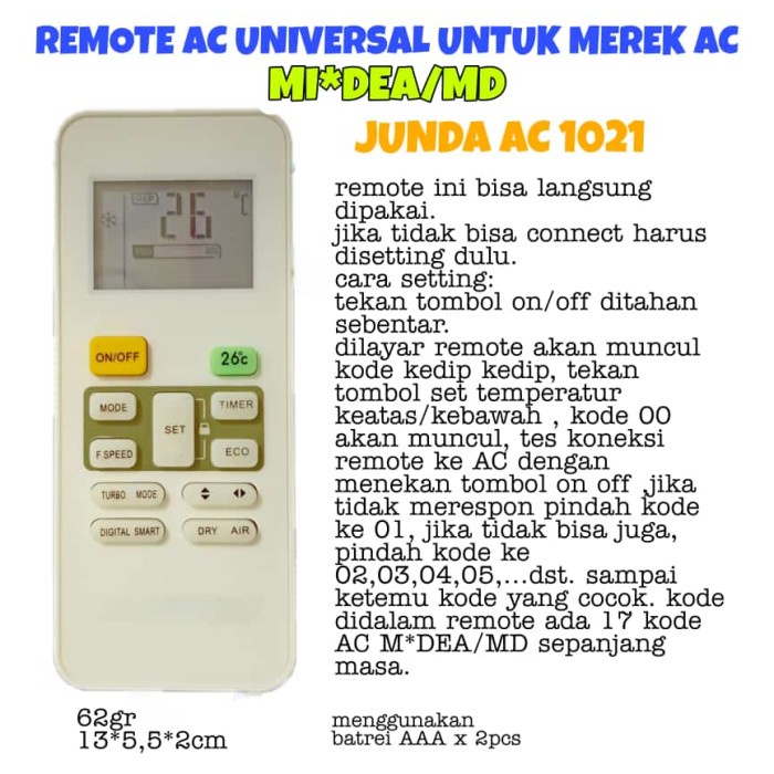 Remot/Remote Ac Universal Junda Ac-1021 Bisa Untuk Ac Merk Mi*Dea/Md #98
