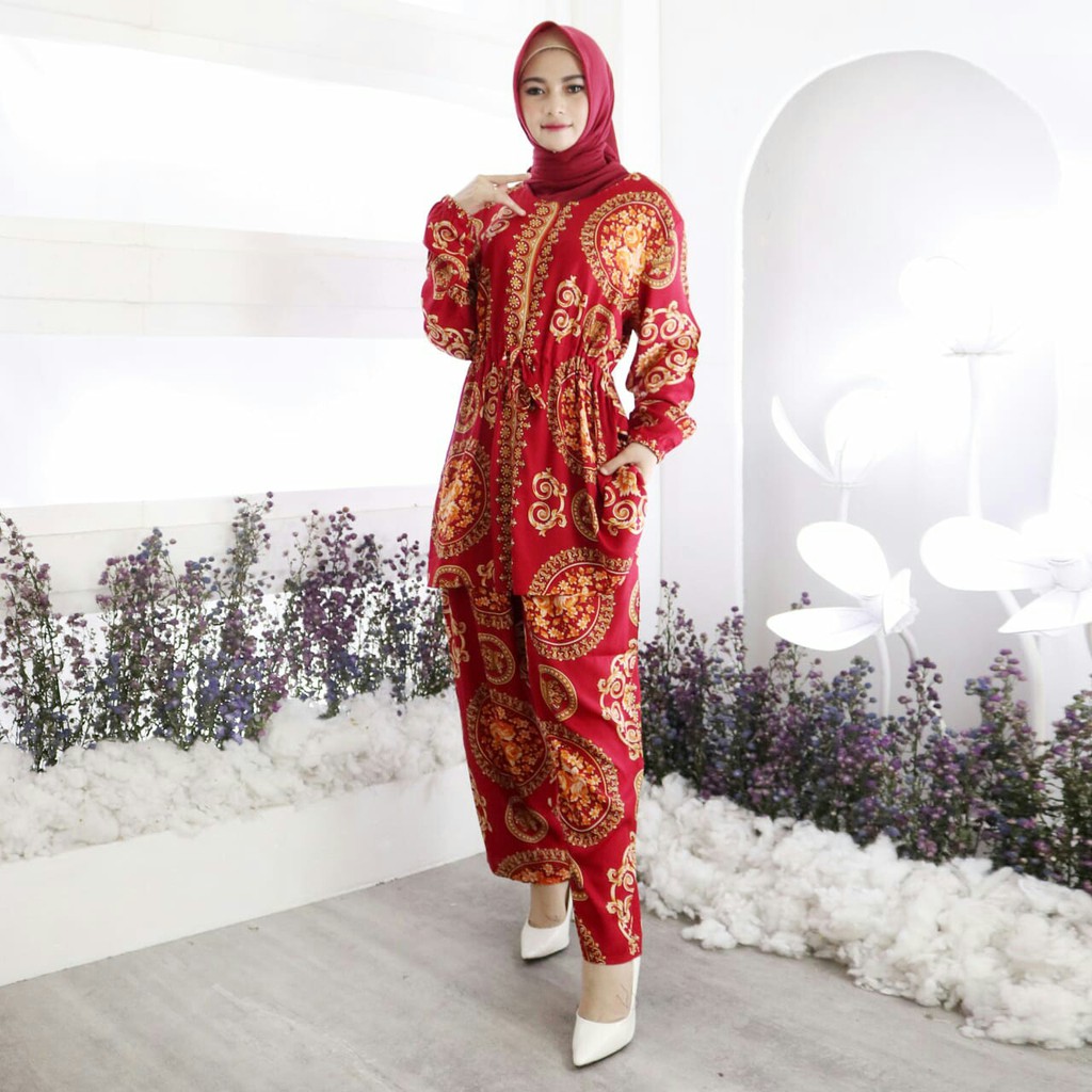 Baju setelan busana wanita lengan panjang dan celana panjang cindy bahan rayon real pic