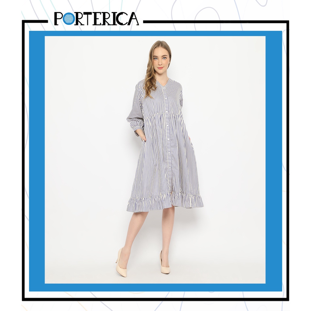 Porterica Women Claris Dress | Dress Midi Lengan Panjang Ruffles | Sustainable Japanese Cotton Katun