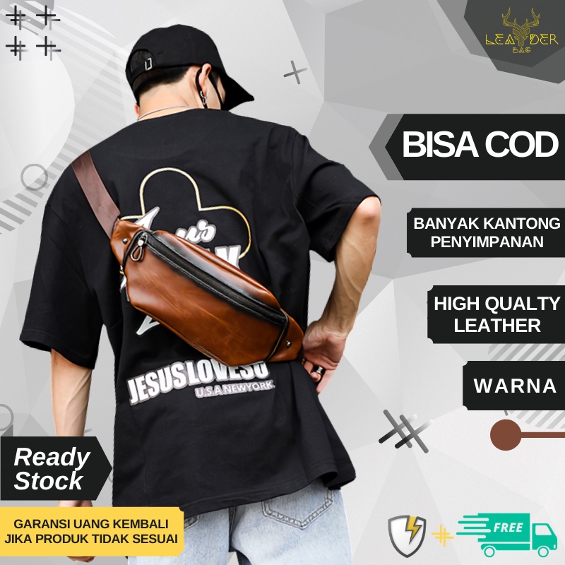 Waist Bag Kulit Pria Original Model Terbaru Warna Coklat Atau Tas Selempang Cowok Distro Import A09