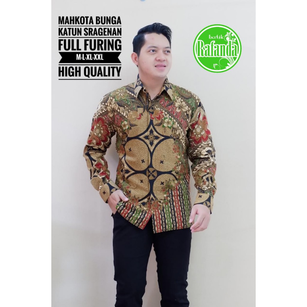 MAHKOTA BUNGA RAFANDA BAJU KEMEJA BATIK PRIA SOLO LENGAN PANJANG PENDEK LAPIS FURING ATASAN BATIK PREMIUM MODERN KATUN HALUS PEKSI BINTANG 2 PRASJAYA MARENO 2 GARUDA NAGA TUMPUK RENA 2 TRUNTUM COKLAT AKAR MERAH PRABU SEKTI PETA UNGU 2 PARANG LAWASAN BANGA