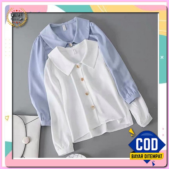 Kemeja Wanita Halus Rayon Promo Import Premium Lengan Balon Kancing Kekinian Remaja I1V9 Polos Tebal