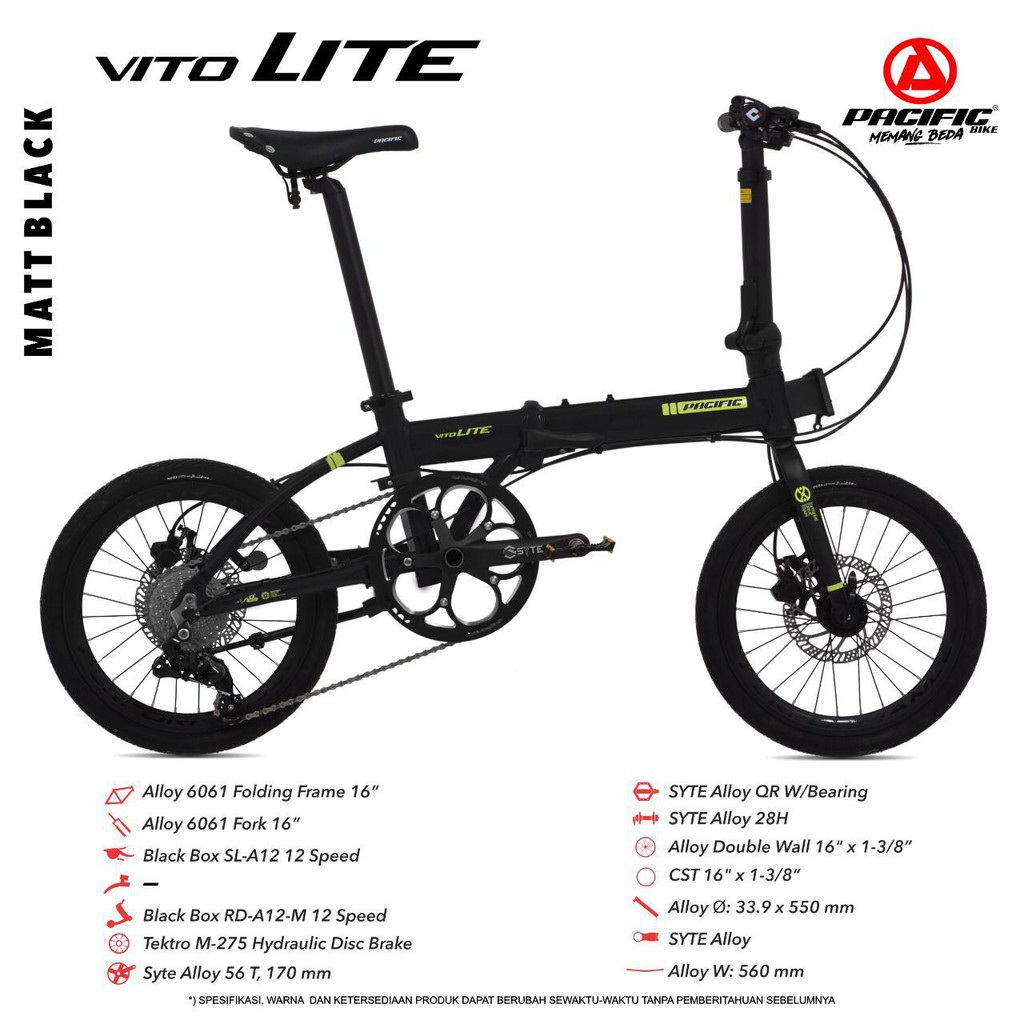 Sepeda folding lipat16 pacific ViTo Lite hydraulic 12 speed NEGO