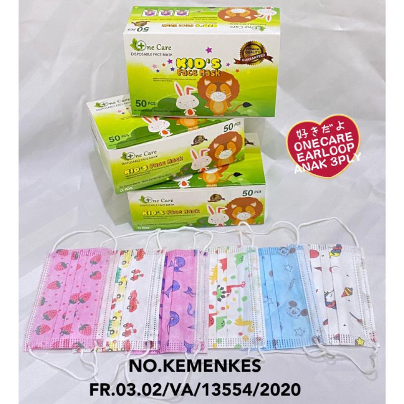 MASKER ANAK EARLOOP ONE CARE 3 PLY MOTIF KARAKTER ISI 50 PCS