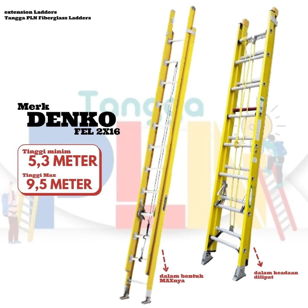 Tangga PLN Merk DENKO Fiberglass Extension Ladder FEL 2X16 | 9,6 Meter Sliding Sorong