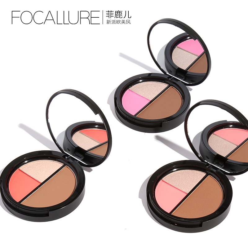 FOCALLURE Trio Blush/Highlighter/Contour/ Makeup Palette 3 Colors (100% Original, BPOM Certified)