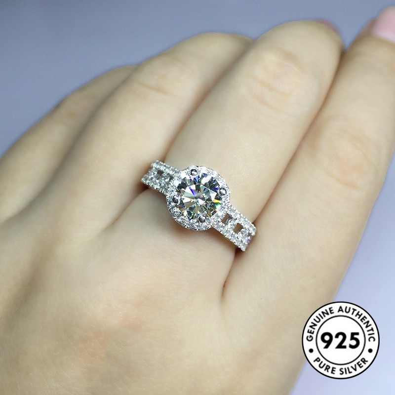 Cincin Sterling Silver 925 Model Bulat Hollow Dengan Berlian Imitasi Untuk Wanita