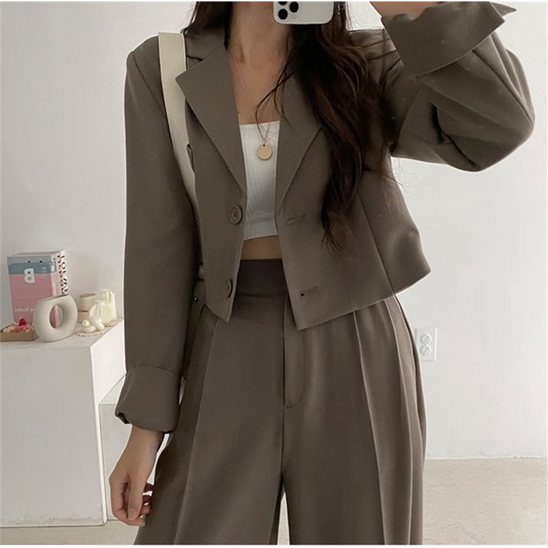 V-neck blazer jaket wanita terbaru korean style + Celana panjang wanita import Korean style loose dan celana lebar kaki kasual  high waist