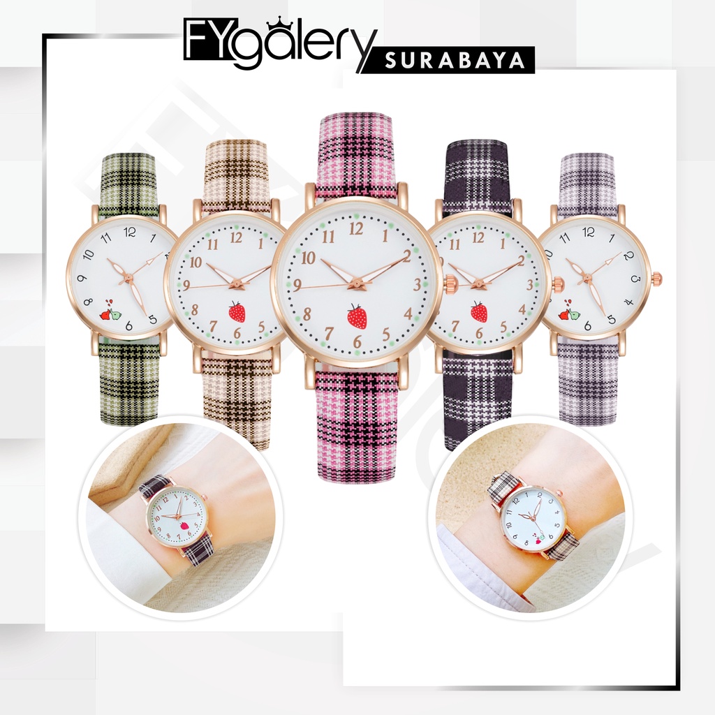 FYGALERYSURABAYA J185 Jam Tangan Analog Watch Wanita Strap Kotak Kotak Korean Style