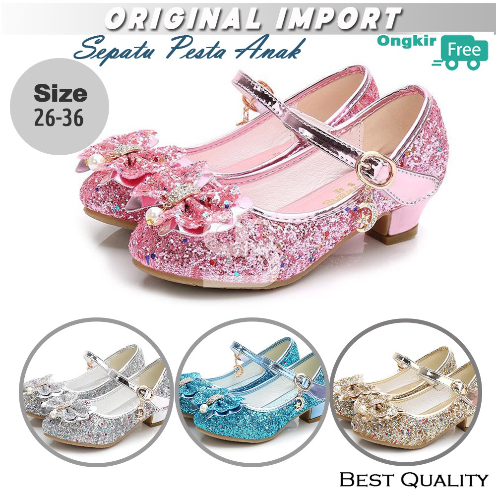 Sepatu High Heels Anak Perempuan Pesta Blink Kristal Import Warna Silver Pink Gold Biru Size 26-36