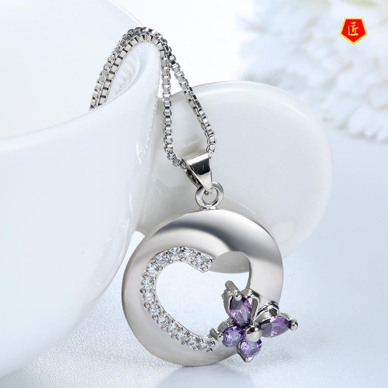 [Ready Stock]Bow Heart-Shaped Pendant European and American Fashion Inlaid Amethyst Necklace