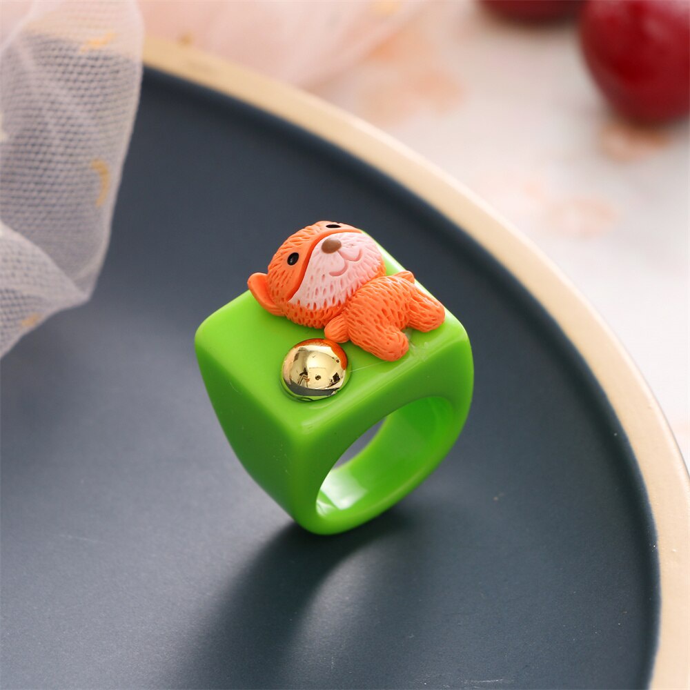 Fashion Colorful Cartoon Animal Acrylic Square Ring for Women Korean Resin Bear Dog Rabbit Wide Ring Trend Jewelry