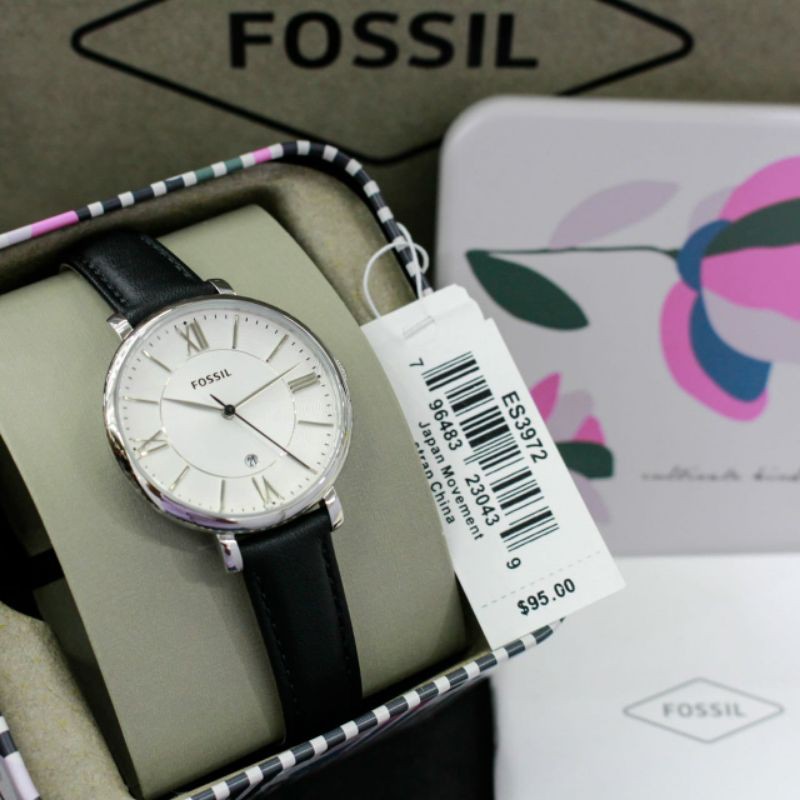 Jam tangan wanita fossil es3972 jacqueline three-hand date black leather strap original - es 3972
