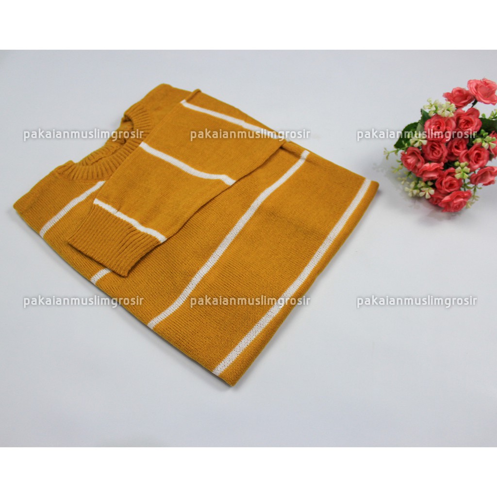 Atasan Rajut Sweater Rajut Knit Zia Adeline-Kuning - Putih