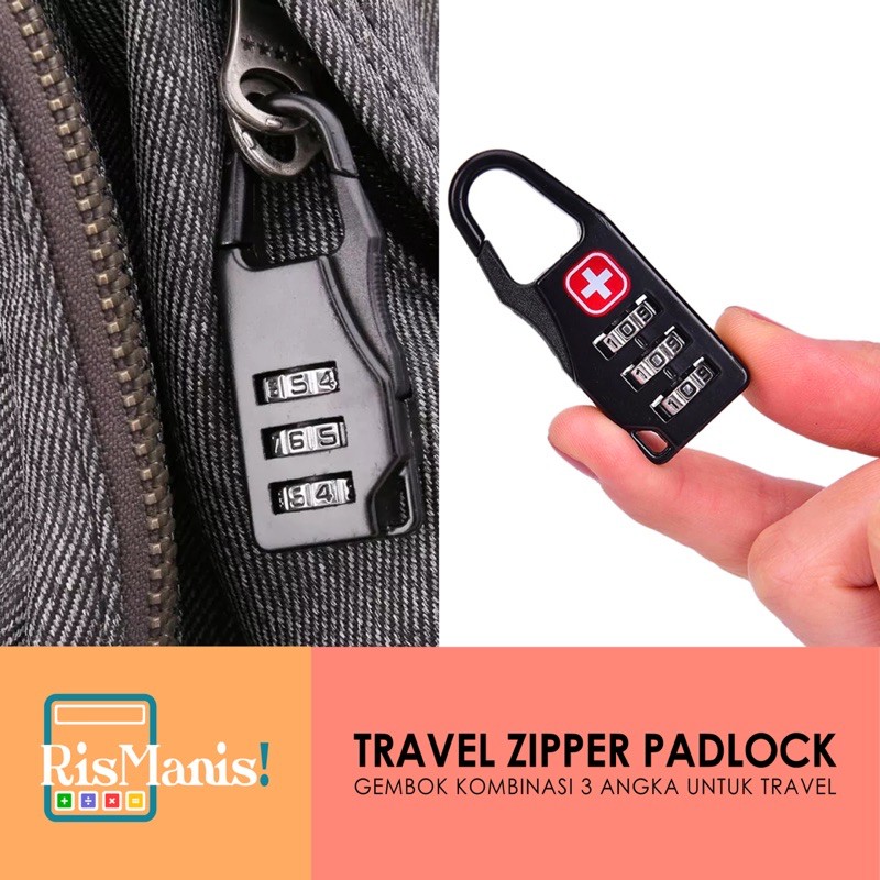 TRAVEL ZIPPER PADLOCK - Gembok Swiss Kuat Kombinasi Angka Kode Rahasia Koper Ransel Liburan Aman