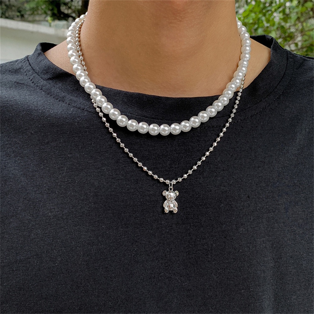 Kalung Rantai Choker Liontin Beruang Mutiara Lapisan Ganda Gaya Punk Hip-Hop Untuk Aksesoris Perhiasan Unisex