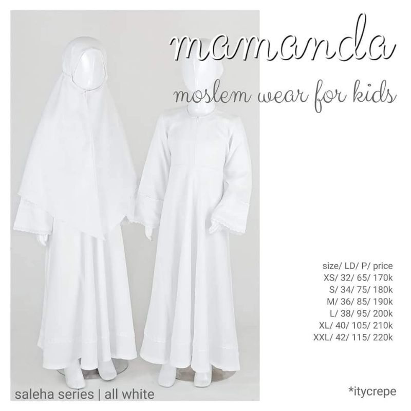 GAMIS PUTIH ANAK PAKAIAN MUSLIM ANAK PEREMPUAN BAJU MUSLIMAH ANAK PEREMPUAN MAMANDA SALEHA ALL WHITE