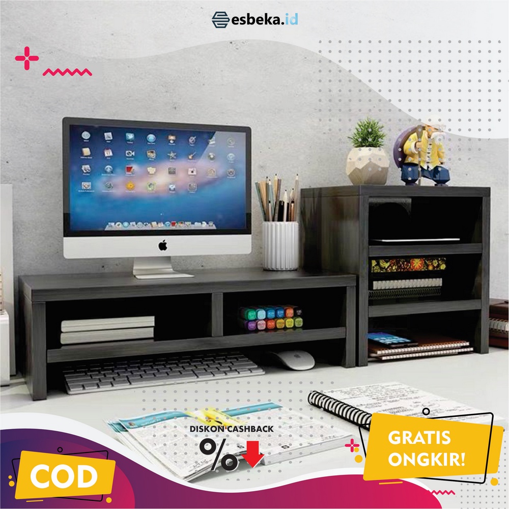 Laptop Stand Desktop Kayu - Dudukan Monitor - Peninggi Monitor - Display Stand Hemat Ruang - Rak Buk